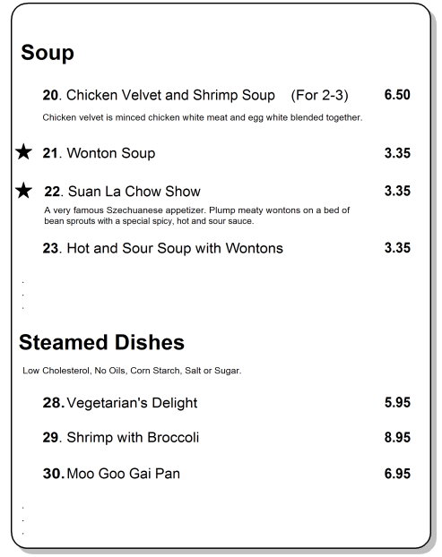 Restaurant Menu for Component Exercise